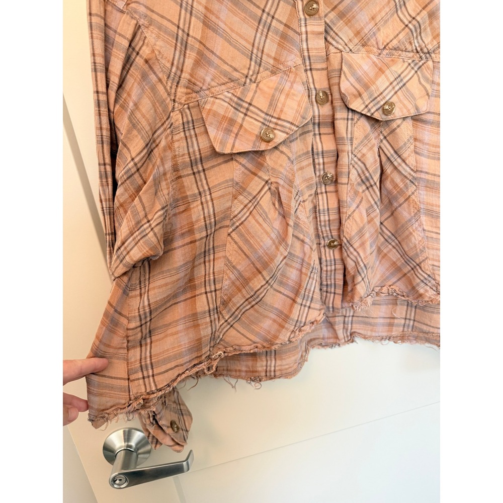 Millibon USA Gauzy Cotton Beige Plaid Cropped Western Swing Shirt Raw Hem Small - Picture 3 of 6